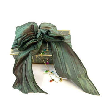 Geschenkband, Crushente 70mm in peacock mit Geschenkbox